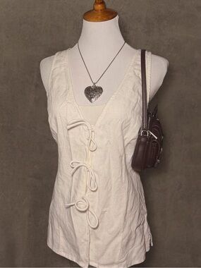 Ivory Tie-Front Linen style Tank Top - Women